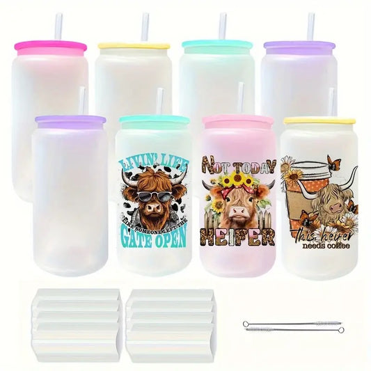 Frosted Tringkläser mit farbigen Deckel und Strohhalm (Live)